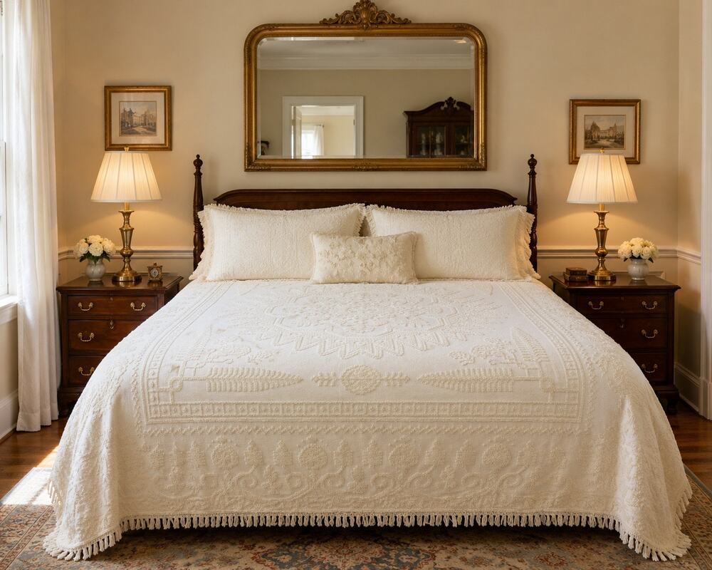 Vintage Sears Ivory Chenille Bedspread Full/Queen 100x122 Cotton Medallion
